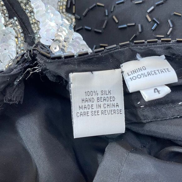 Cache Silk Hand Beaded Sequin Black White Dress 80s Puff Sleeve Womens 4 Leaves - Picture 11 of 16